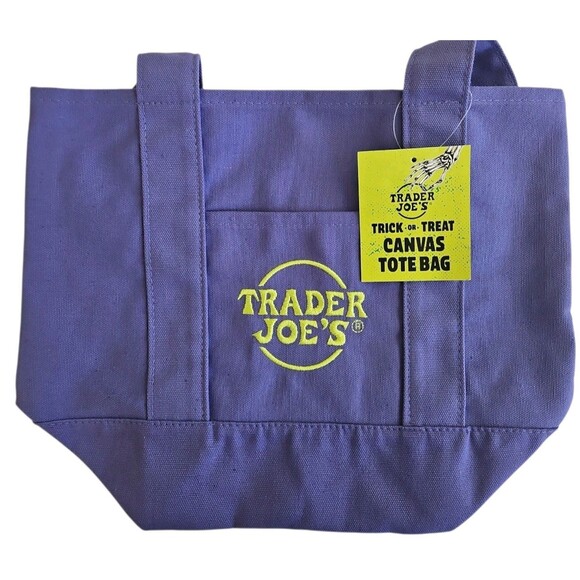 Trader Joes Mini Canvas Tote Bag 2 Piece Set Purple and Multi Color NWT - Picture 2 of 5
